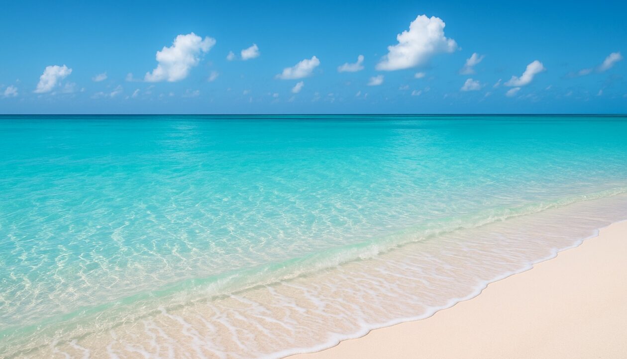 Helles türkises Flachwasser und weißer Sand der Kaimaninseln unter tiefblauem Himmel.