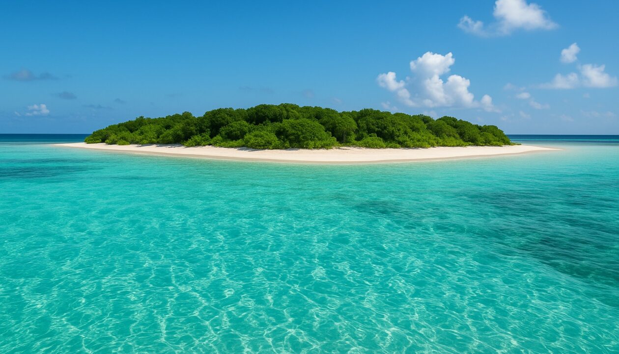 Eine flache grüne Insel mit weißem Strand und türkisem Flachwasser.
