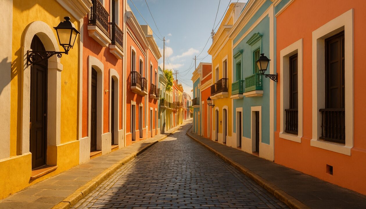Eine Gasse der Altstadt von San Juan mit bunten Kolonialfassaden und Kopfsteinpflaster im Nachmittagslicht.