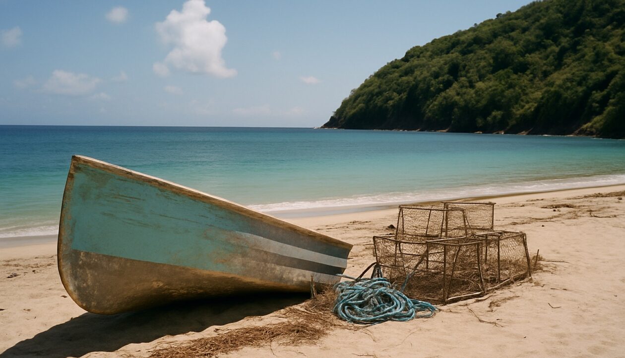 Umgelegtes Holzboot mit verwitterter türkiser Farbe am Sandstrand, daneben ein Stapel Reusen und ein Tauknäuel.