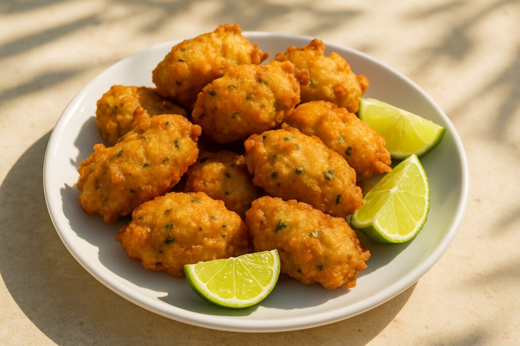 Goldbraune Stockfischkroketten auf einem Teller, daneben Limettenspalten.