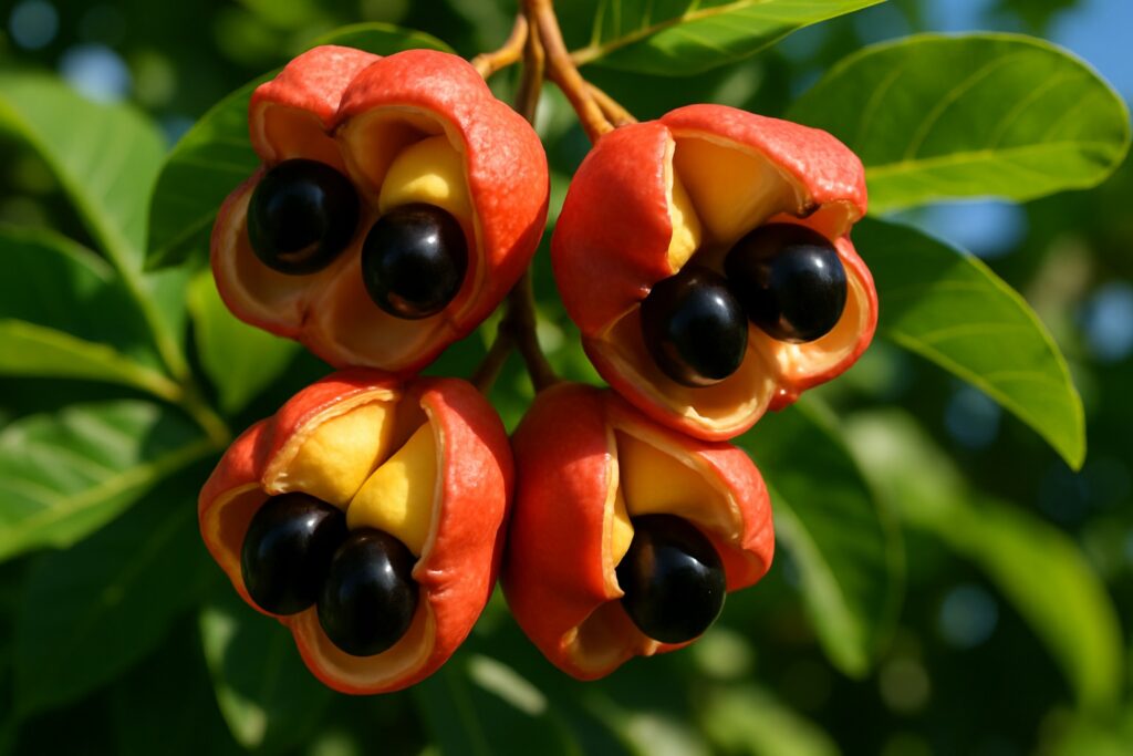 Aufgeplatzte rote Ackee-Früchte am Baum mit gelbem Fruchtfleisch und glänzend schwarzen Kernen.