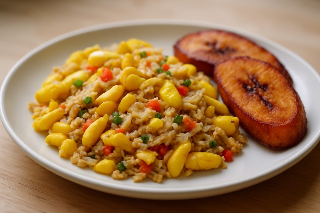 Ein Frühstücksteller mit gelber Ackee, Salzfischflocken, Paprikastreifen und gebratener Kochbanane.