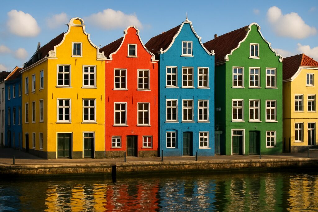 Eine Reihe niederländischer Giebelhäuser in Gelb, Rot, Blau und Grün steht dicht an dicht am Wasser einer Hafeneinfahrt.