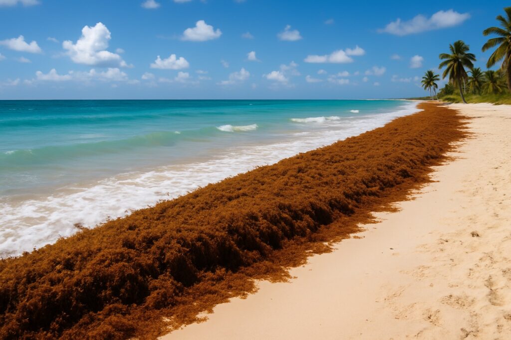 Ein breiter Streifen brauner Sargassum-Algen liegt angeschwemmt auf einem hellen Karibikstrand.
