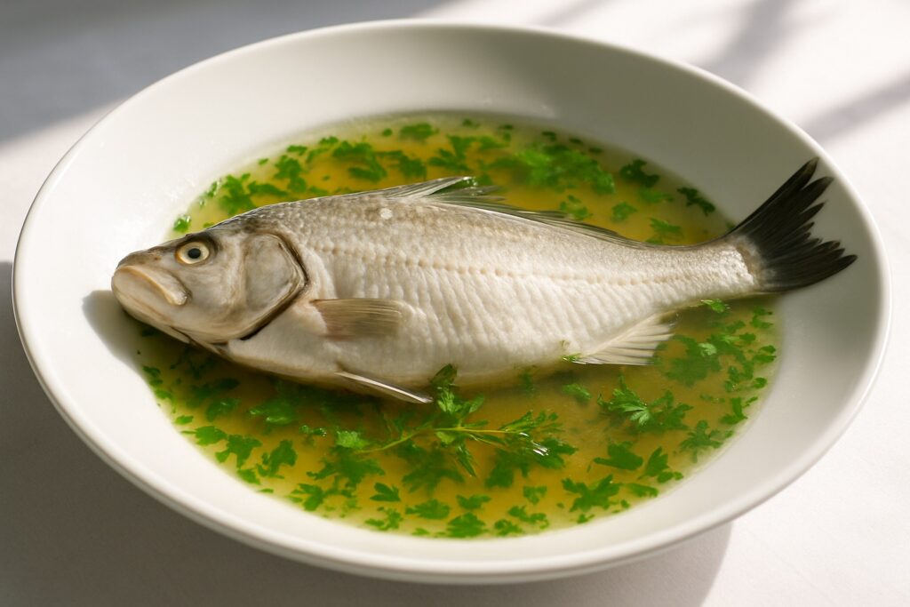 Ein ganzer pochierter Fisch liegt in klarem Kräutersud in einem tiefen Teller.