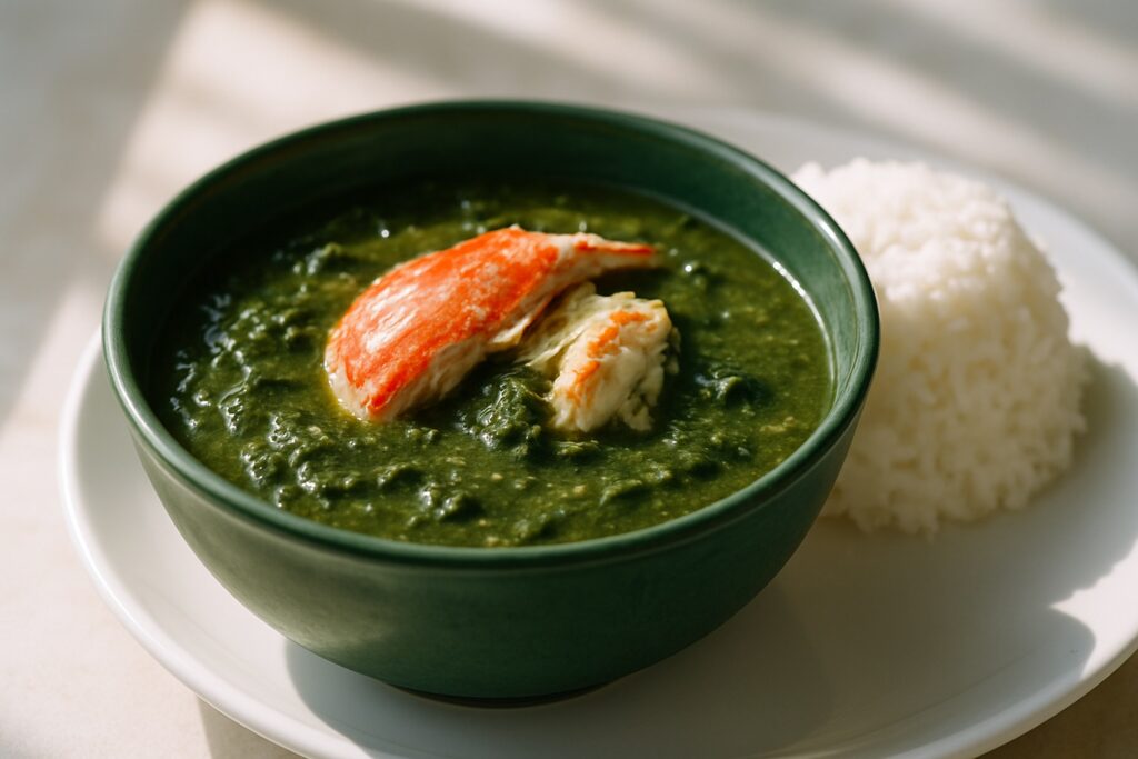 Eine Schale cremig-grüner Callaloo-Suppe mit Krabbenfleisch, daneben weißer Reis.