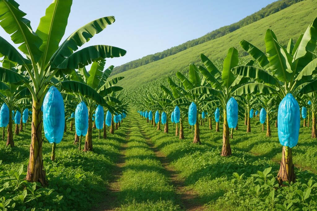 Reihen von Bananenstauden an einem grünen Hang, die Fruchtbüschel stecken in blauen Plastikhüllen.