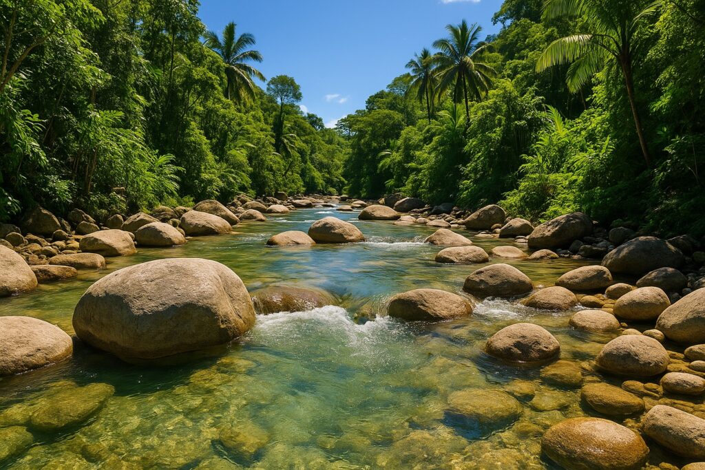 Ein klarer flacher Fluss läuft in der Sonne über helle Felsblöcke, an beiden Ufern dichtes grünes Blattwerk und Palmen.