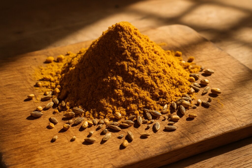 Gelbe Currygewürze und ganze Samen auf einem Holzbrett.