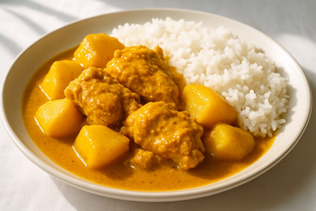 Gelbes Hähnchencurry mit Kartoffeln neben weißem Reis auf einem Teller.