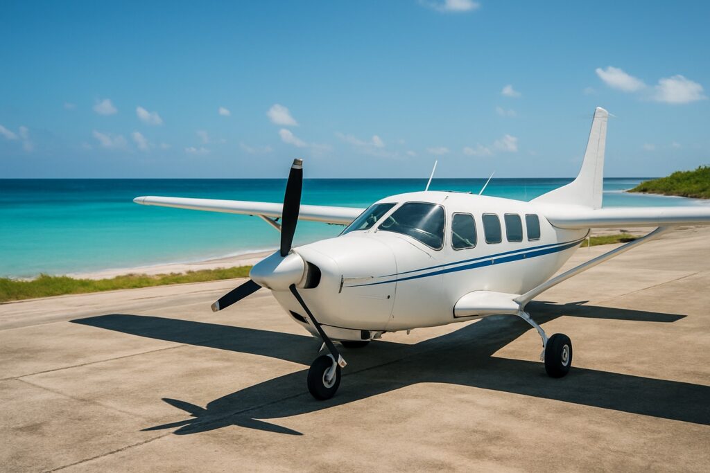 Ein kleines Propellerflugzeug steht im hellen Sonnenlicht auf dem Vorfeld eines winzigen Inselflughafens, dahinter das Meer.