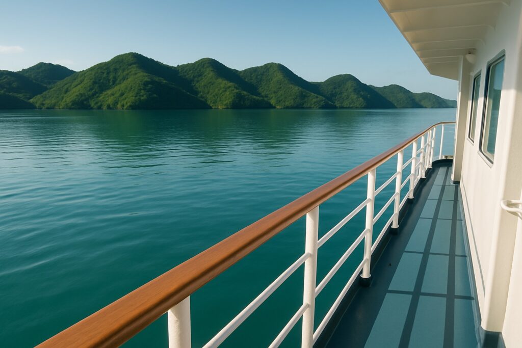 Ruhiges, helles Wasser im Windschatten einer grünen Inselkette, vom Deck eines Schiffes aus gesehen.