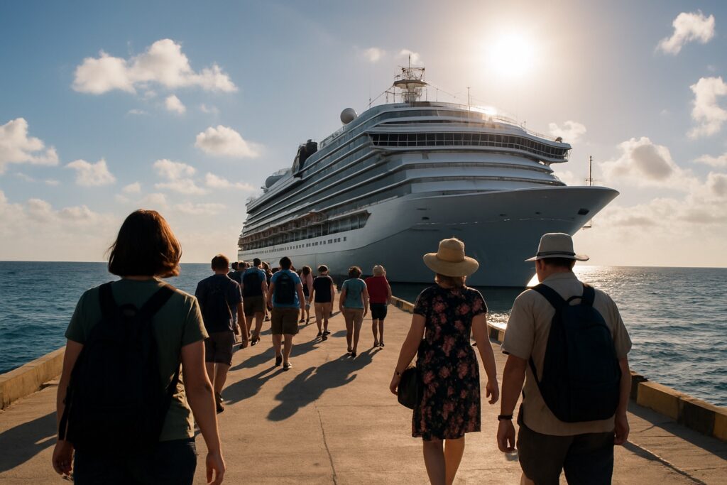 Menschen gehen am hellen Nachmittag über einen sonnigen Pier zurück zu ihrem Schiff.