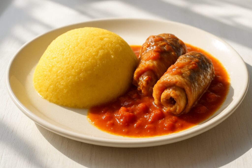 Eine glatte gelbe Maisbrei-Kuppel neben Fischröllchen in Tomatensauce auf einem Teller.