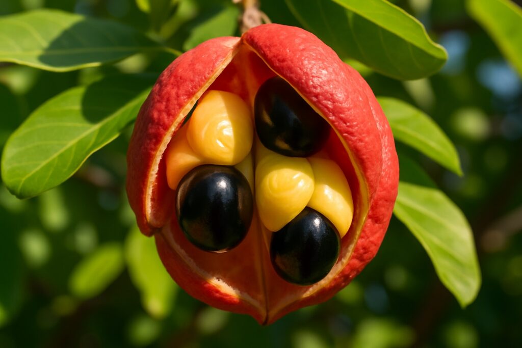 Eine rote Ackee-Kapsel hat sich am Baum geöffnet und zeigt gelbe Fruchtmäntel mit glänzend schwarzen Kernen.