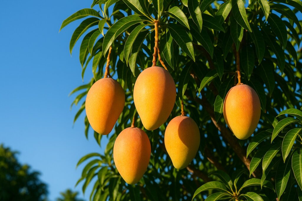 Vier reife gelb-orange Mangos hängen an einem Ast mit schmalen grünen Blättern vor blauem Himmel.