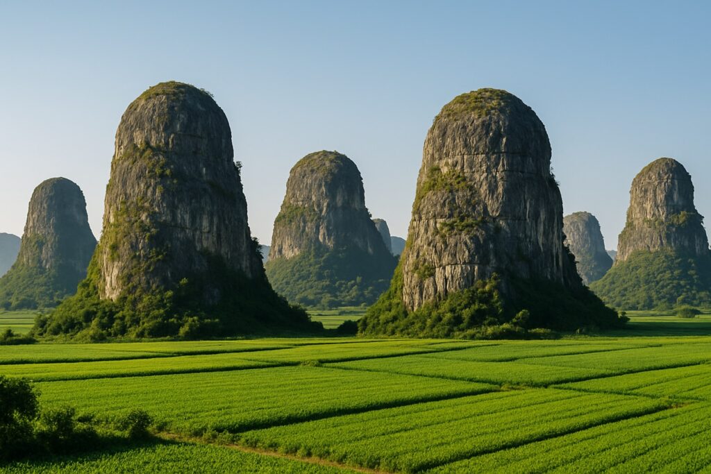 Einzeln stehende, rundkuppige Kalkfelsen ragen aus flachem Ackerland auf.