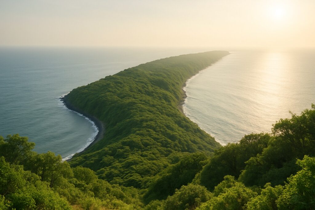 Blick von einem Bergrücken über eine lange, dicht bewaldete Inselküste, die bis zum Horizont reicht.