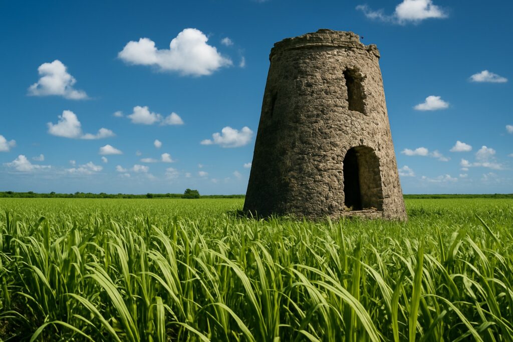 Der verfallene Steinturm einer alten Zuckermühle steht in einem hellgrünen Zuckerrohrfeld.