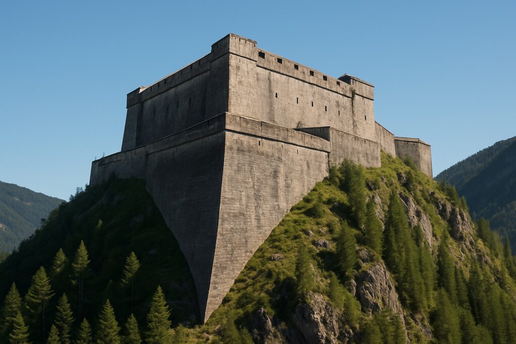 Eine massive Steinfestung mit spitz zulaufender Bastion steht auf einem Bergrücken über bewaldeten Hängen.