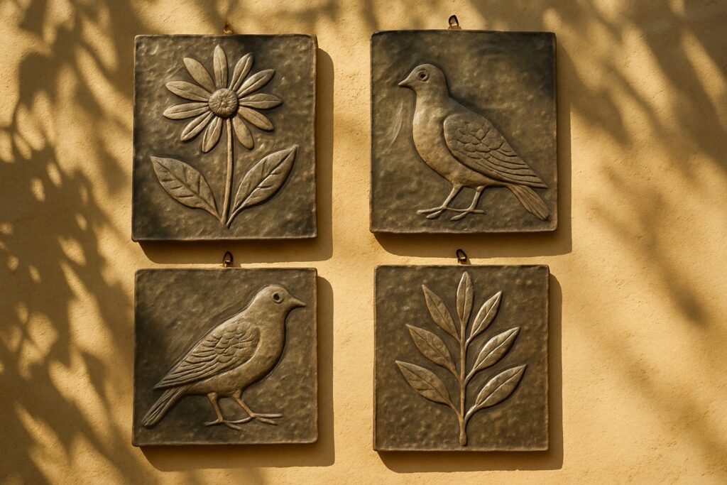 Aus Metall geschnittene Reliefs mit Pflanzen- und Tiermotiven hängen an einer sonnenbeschienenen Hofmauer.