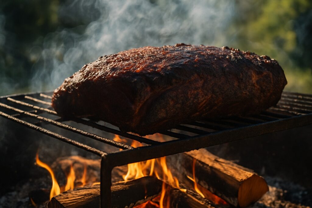 Dunkel gewürztes Fleisch liegt auf einem Rost über einem offenen Holzfeuer, Rauch zieht in der Sonne ab.