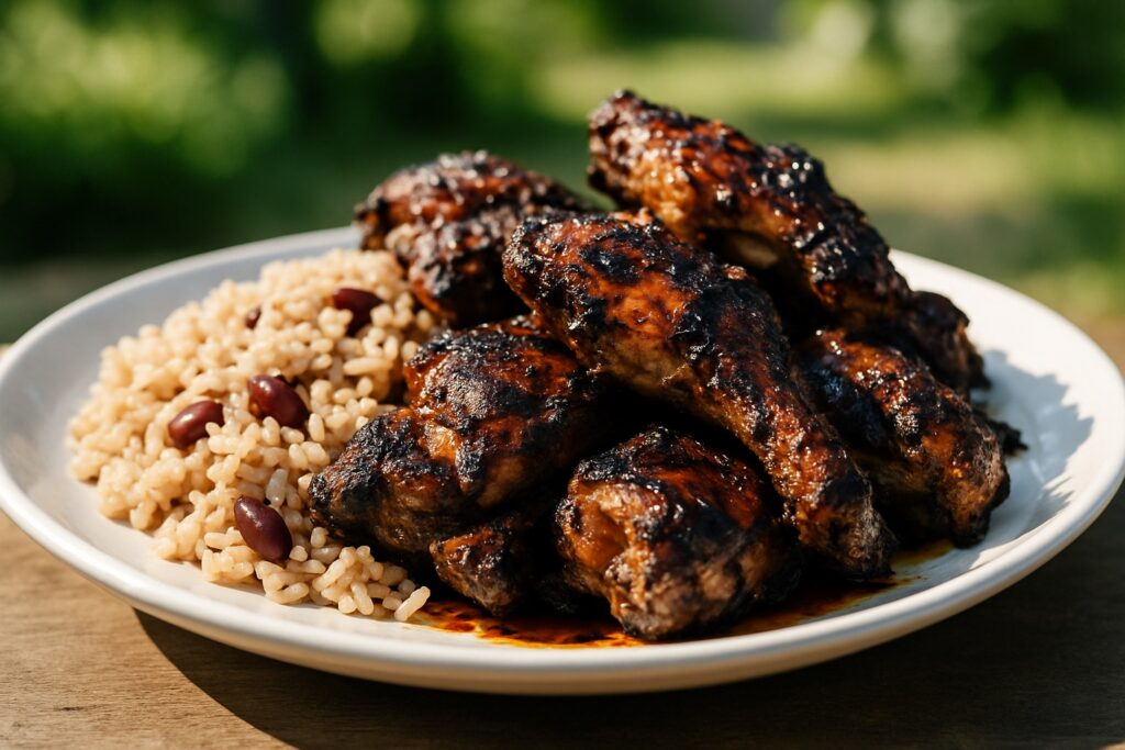 Dunkel gegrillte Jerk-Hähnchenstücke auf einem Teller mit Reis und roten Bohnen.