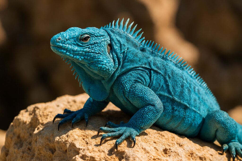 Ein kräftig blaugrau gefärbter Leguan mit Nackenkamm sitzt in praller Sonne auf warmem Kalkfels.