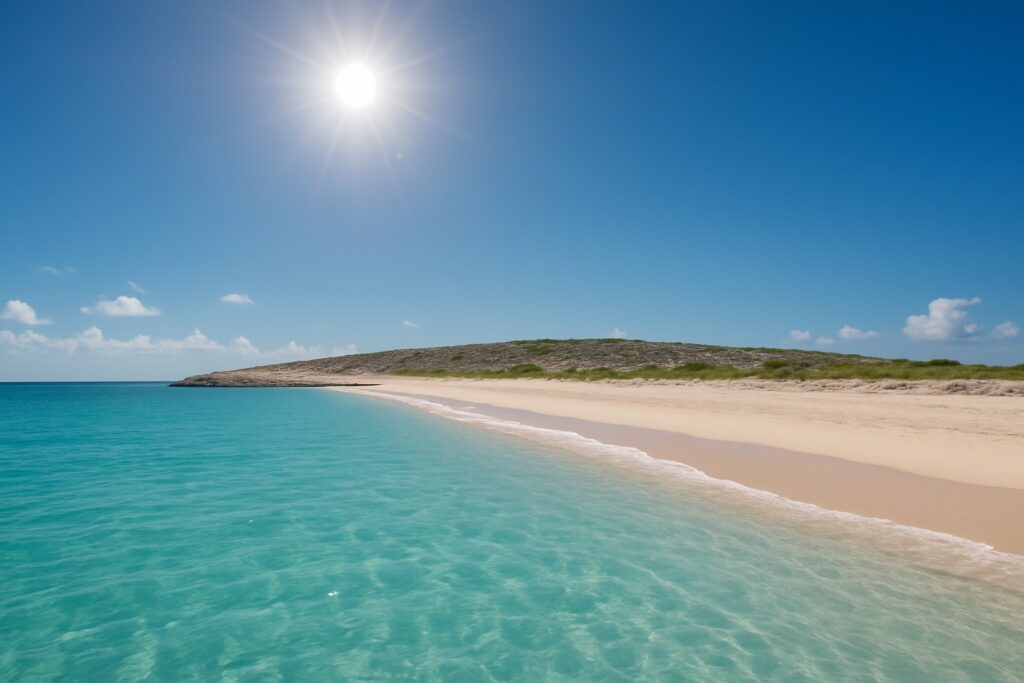 Eine flache, helle Kalkinsel mit langem Sandstrand liegt unter greller Sonne im ruhigen Meer, vom Wasser aus gesehen.