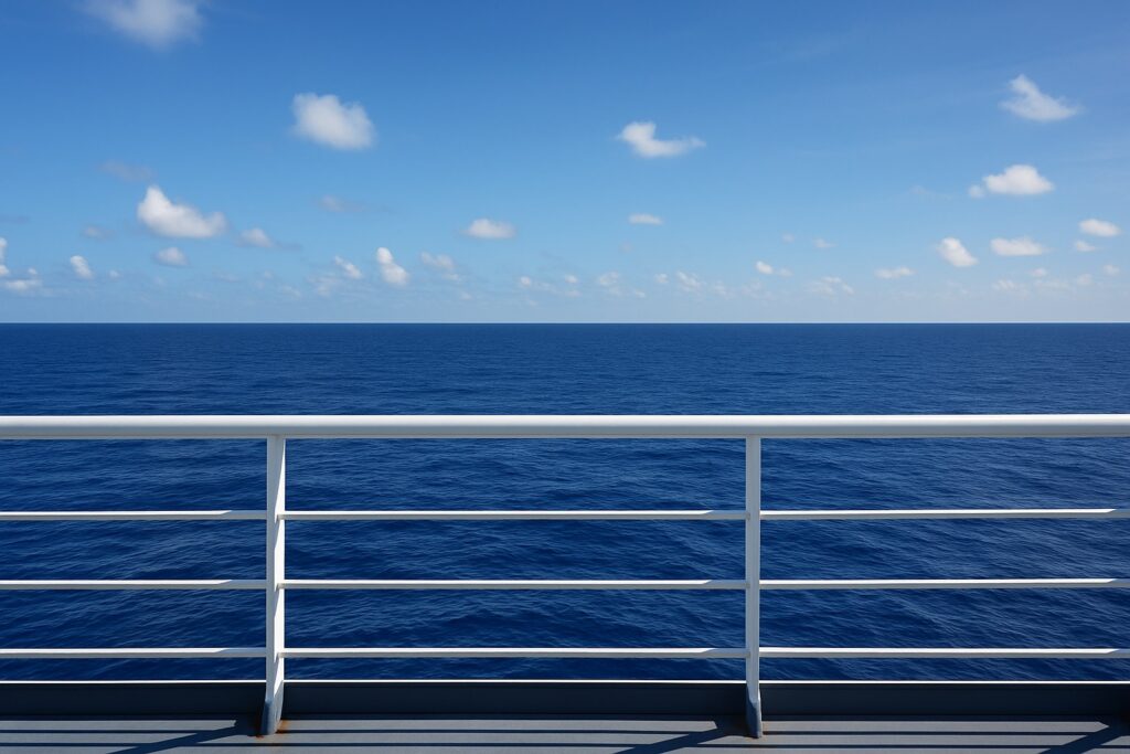 Der offene Atlantik vom Deck eines Schiffes aus, bis zum Horizont nichts als Wasser unter hellem Himmel.