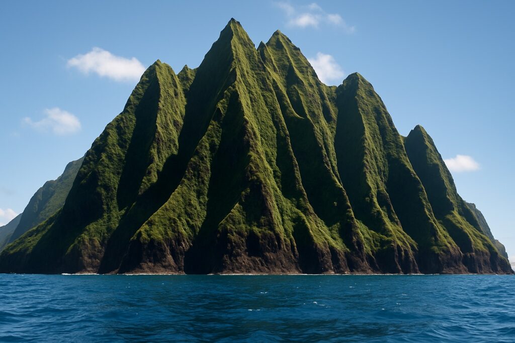 Steile grüne Vulkangipfel einer Karibikinsel steigen im hellen Sonnenlicht direkt aus dem Meer auf, vom Wasser aus gesehen.