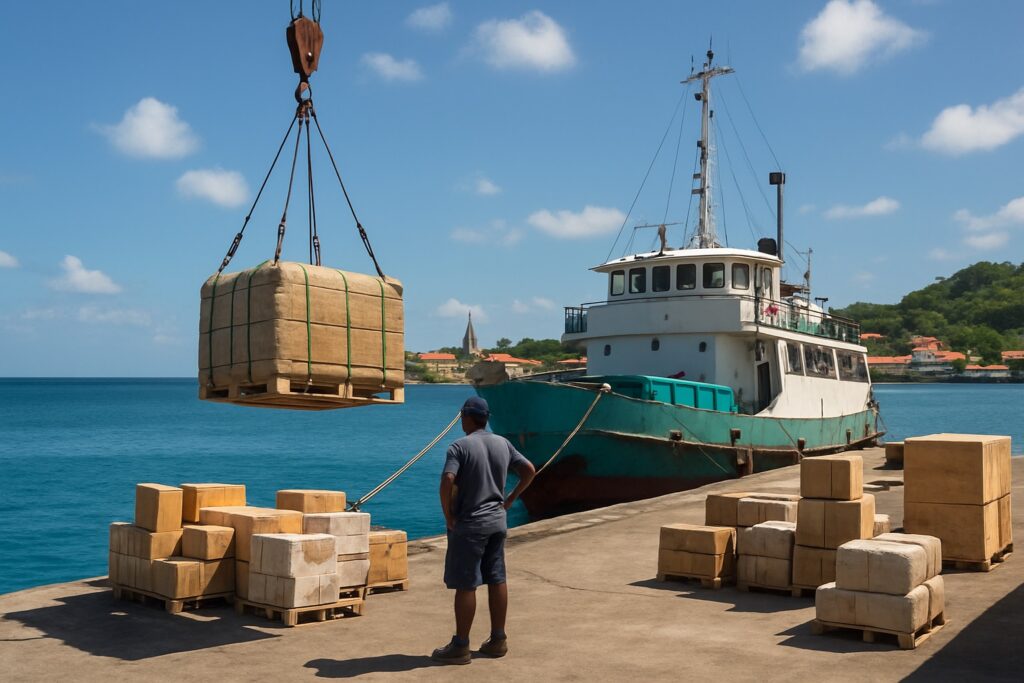 Ladung wird im hellen Sonnenlicht von einem kleinen Frachtschiff auf die Kaimauer einer Karibikinsel gehoben.