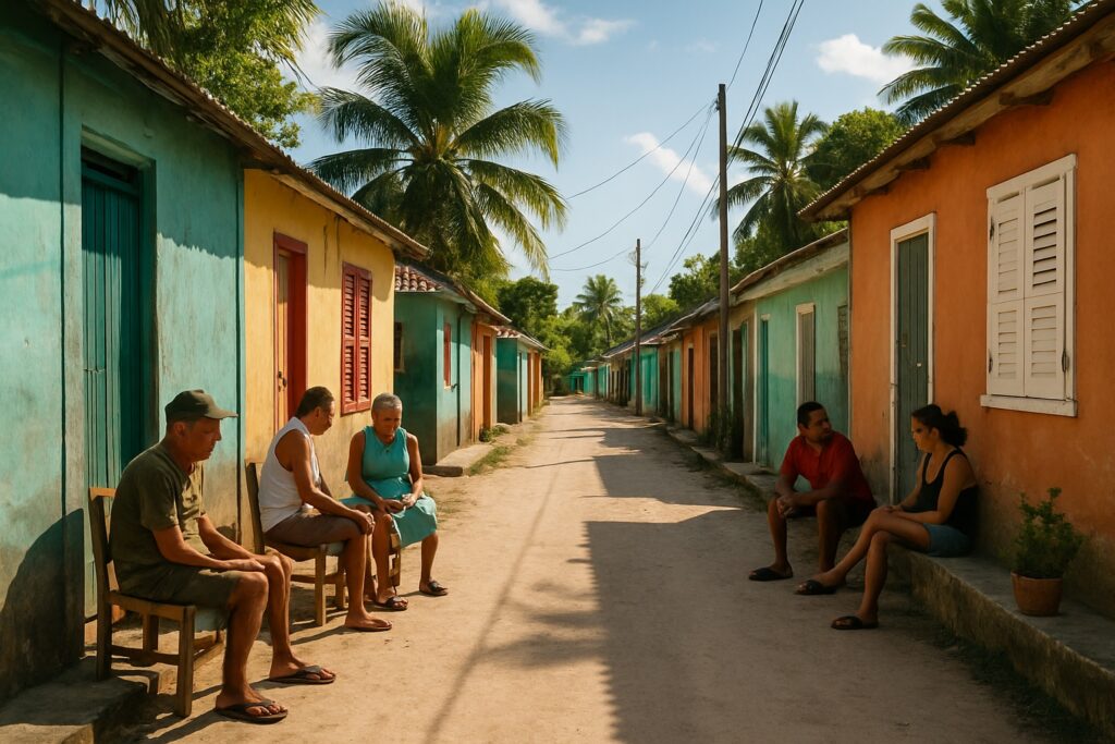 Eine ruhige Straße in einem karibischen Ort am hellen Nachmittag, Menschen sitzen vor den Häusern und unterhalten sich.