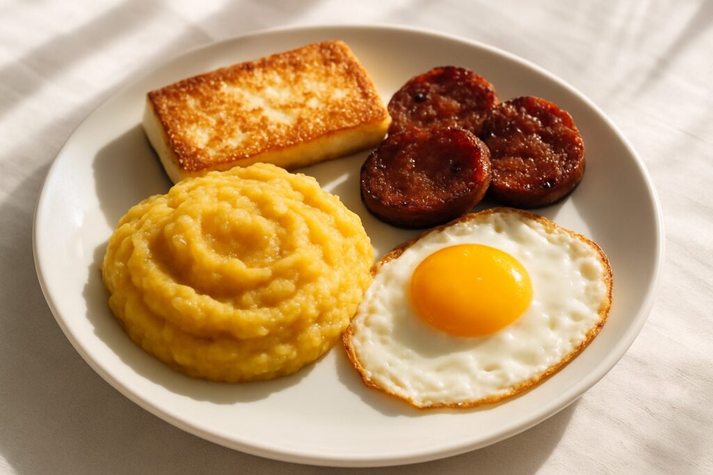 Frühstücksteller mit glattem Kochbananenpüree, gebratenem Käse, gebratener Wurst und einem Spiegelei.