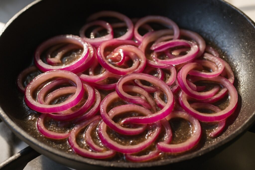 Rote Zwiebelringe dünsten in einer Pfanne.