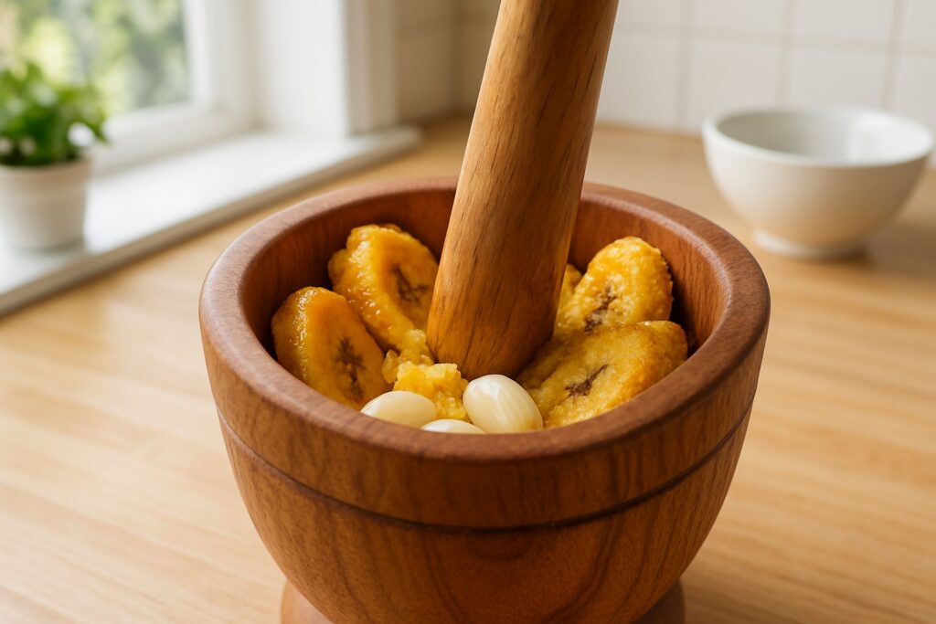 Frittierte Kochbananenstücke und Knoblauch werden in einem hölzernen Mörser zerstampft.