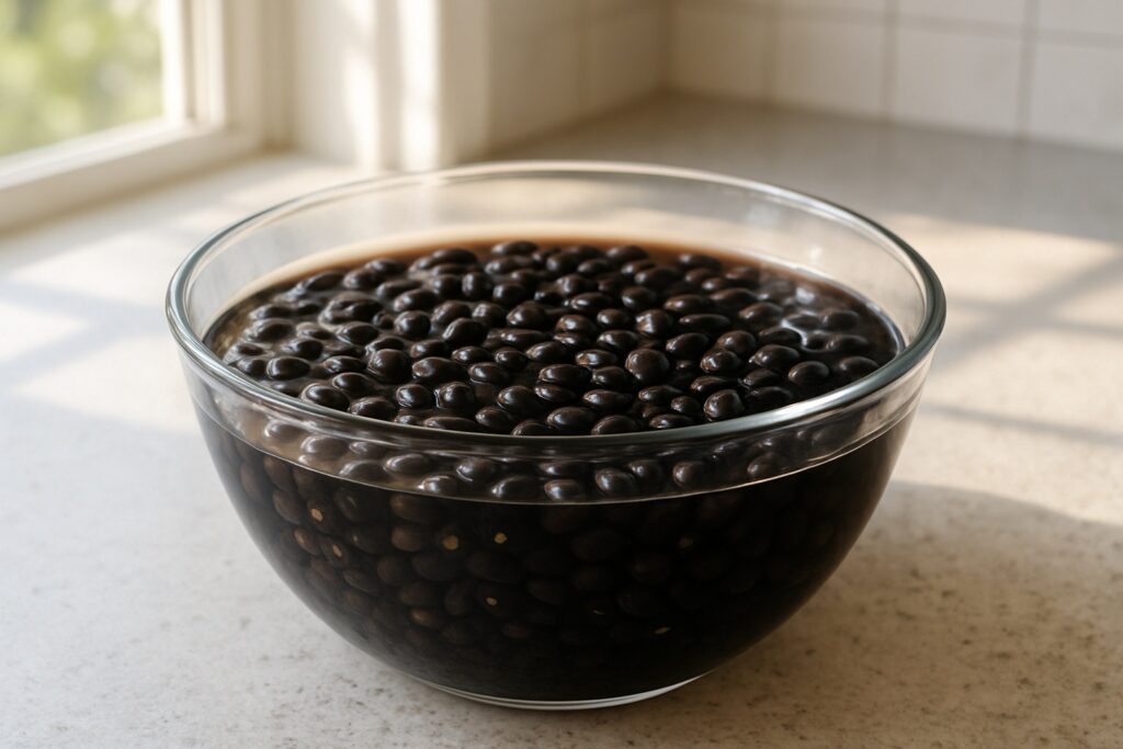 Getrocknete schwarze Bohnen weichen in einer Glasschüssel mit dunkel gefärbtem Wasser ein.