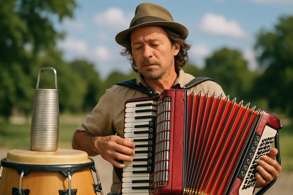 Ein Musiker spielt Akkordeon, daneben eine zweifellige Trommel und ein Metallschaber.