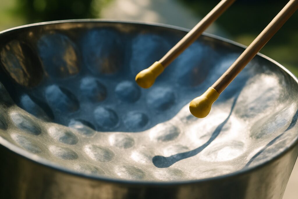 Die eingetiefte Spielfläche einer Steelpan mit ihren Tonfeldern, darüber zwei Schlägel in Bewegung.
