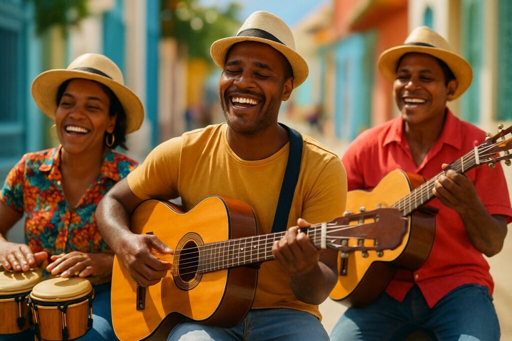 Drei Musiker spielen auf einer sonnigen Straße Gitarre, Tres und Bongó, ein Passant bleibt stehen.