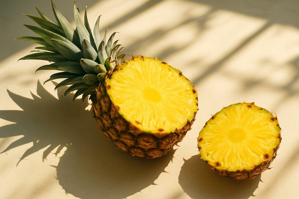 Eine aufgeschnittene frische Ananas auf einem hellen Tisch in der Sonne.