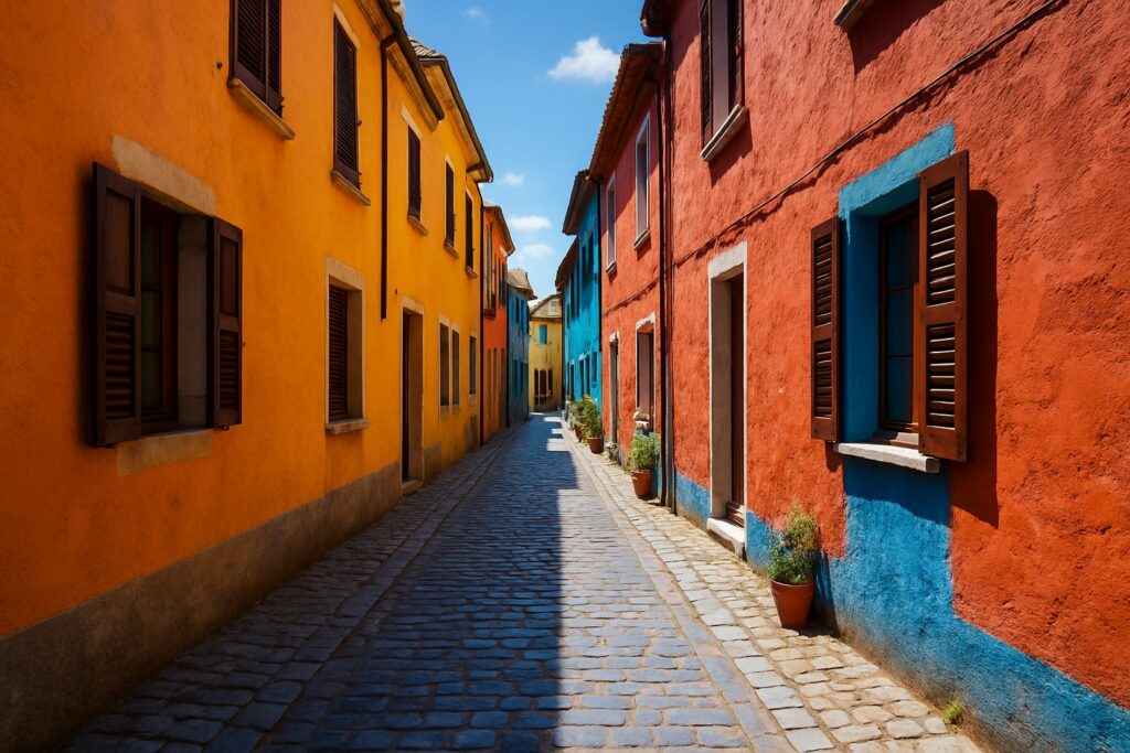 Eine enge Gasse mit blau schimmerndem Pflaster zwischen kräftig bunten Häuserfassaden im Sonnenlicht.