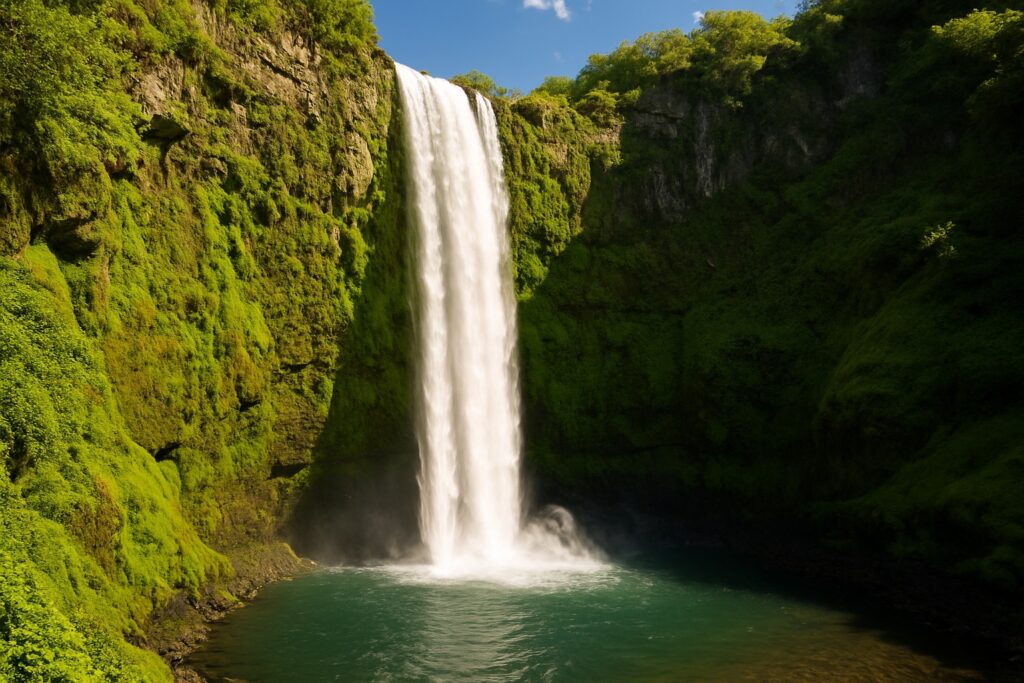 Ein hoher Wasserfall stürzt im hellen Sonnenlicht über eine grün bewachsene Felswand in ein Becken.