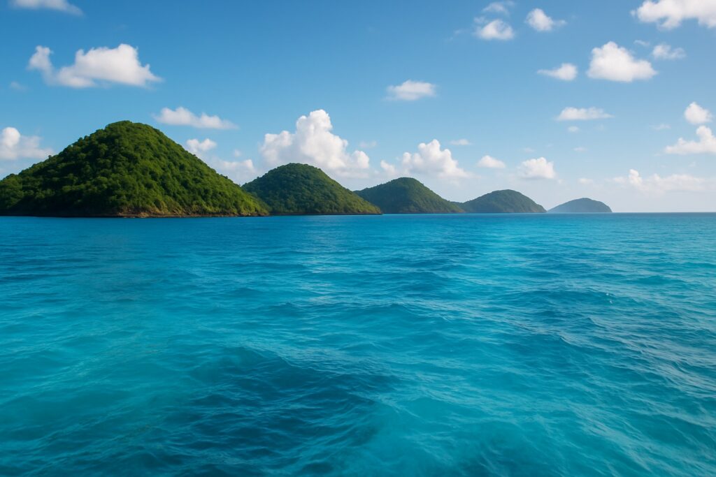Grüne Karibikinseln staffeln sich über hellblauem Wasser bis zum Horizont, vom Wasser aus gesehen.