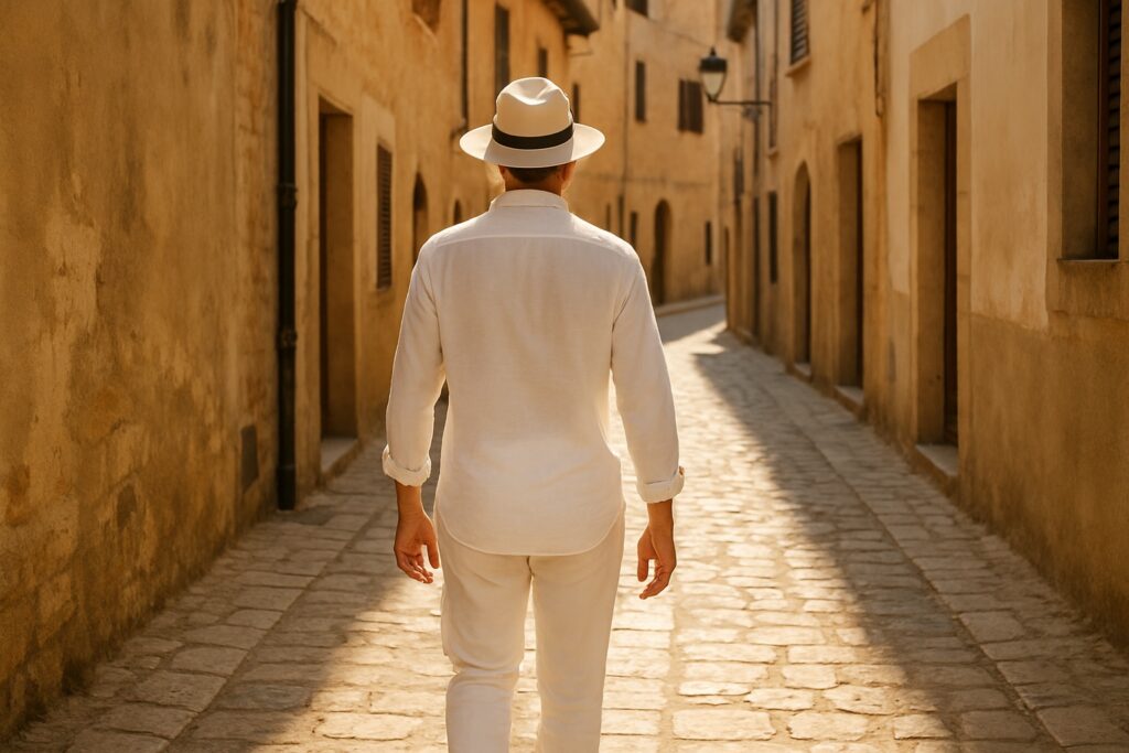 Eine von hinten aufgenommene Person in vollständig weißer Kleidung mit weißem Kopftuch geht durch eine sonnige Altstadtgasse.