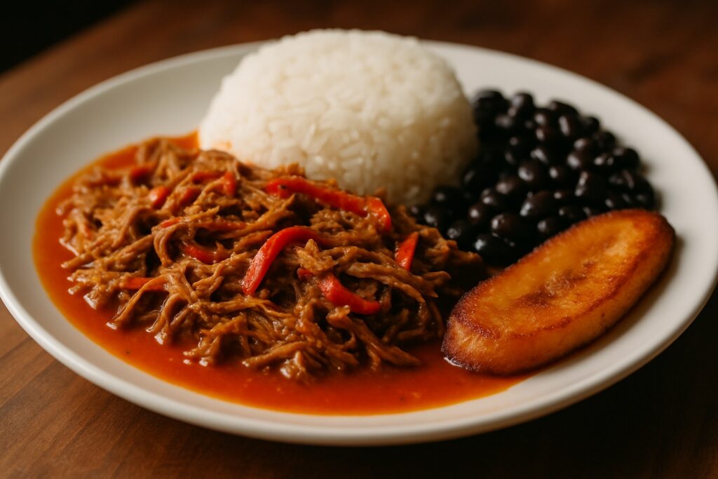 Ein Teller mit faserigem Rindfleisch in roter Paprikasauce, daneben weißer Reis, schwarze Bohnen und gebratene Kochbanane.