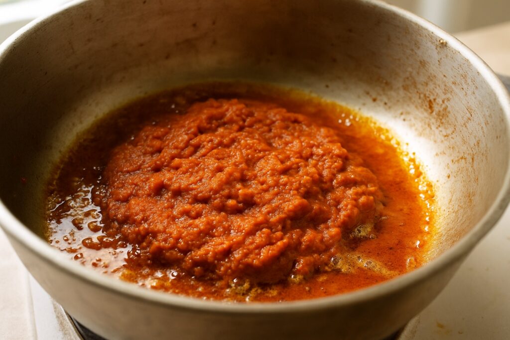 Dunkelorange Currypaste röstet in heißem Öl in einem schweren Topf, das Öl setzt sich am Rand ab.