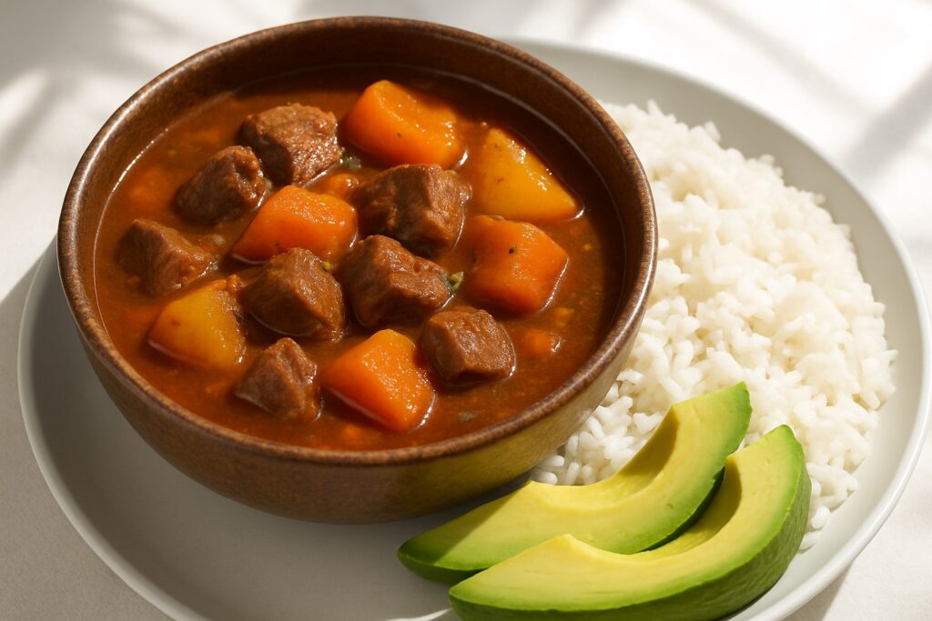 Tiefer Teller mit dickem Fleisch-Gemüse-Eintopf, daneben weißer Reis und Avocadoscheiben.
