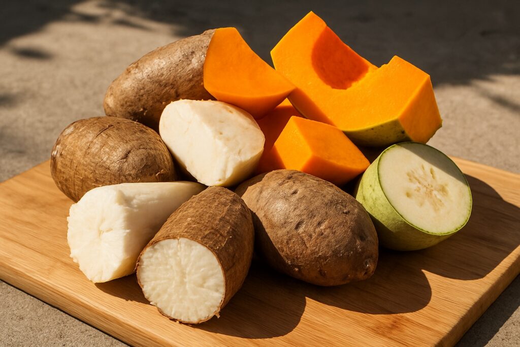 Stücke von Maniok, Yams, Kürbis und grüner Kochbanane liegen auf einem Holzbrett.